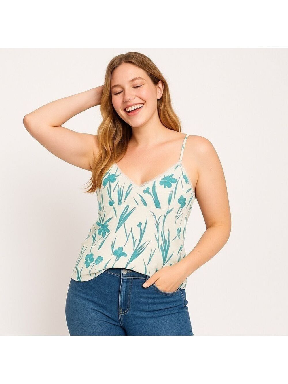 AMERICAN EAGLE OUTFITTERS Green & White Floral Print Tank Top Size L, NWOT!